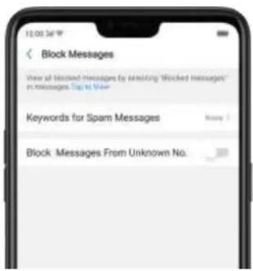 Block Messages View all blocked messages by selecting "Blocked Messages" in Messages Tap to View Keywords for Spam Messages Block Messages From Unknown No.