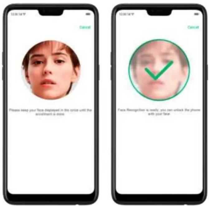 12:00 PM Cancel Please keep your face displayed in the crisis until the enrollment is done. 12:00 PM Cancel Face Recognition is ready, you can unlock the phone with your face