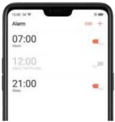 12:00:34 Alarm 07:00 Alarm 12:00 Alarm, Time 5:34 21:00 Sleep Edit + 39
