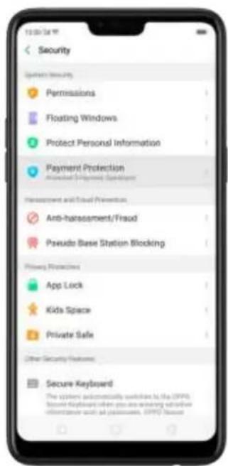 Security Specific Security Permissions Floating Windows Protect Personal Information Payment Protection Protected Payment Spreads Hansuishment and Fraud Prevention Anti-hatassment/Fraud Pseudo Base Station Blocking Privacy Protective App Lock Kids Space Private Safe Other Security Features Secure Keyboard The system automatically switches to the APPS Second Dashboard when you are searching extensive information such as passengers, APPS Status