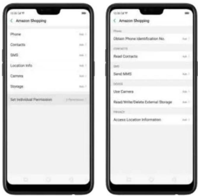 Amazon Shopping Phone Contacts SMS Location Info Camera Storage Sirt Individual Permissation Amazon Shopping Phone Obtain Phone Identification No. CONTACTS Read Contacts SMS Send MMS Odds Use Camera Read/Write/Delete ExTERNAL Storage ACCESS Access Location Information