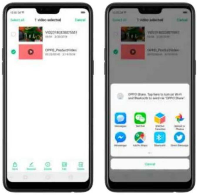 10:00:54 Select all T video selected Cancel VID20180328875551 06:54 3:30:07:19 OPPO_ProductVideo 06:54 3:30:07:19 OPPO_ProductVideo OK/OK/OK/OK OK/OK/OK/OK OPPO Share, Tap Next to turn on WiFi and Bluetooth to send via 'OPPO Share' Recommendation Add to Share AnOut Connection Used by Bluetooth Messenger Add to Share Bluetooth Direct Message Cancel