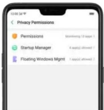 Privacy Permissions Permissions 8 out of 12 apps Startup Manager 4 apps(s) allowed Floating Windows Mgmt 4 apps(x) allowed