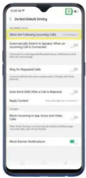 12:08 Call Do-Not-Gisturb Driving Allow the Following Incoming Calls Automatically Switch to Speaker When an Incoming Call is Connected Converted for a collingemented Bluetooth device. Notifications of all calls with calls through. Ring for Repeated Calls Automated call from the video number within 3 seconds will be left removed Auto Send SMS After a Call is Rejected Reply Content Reply content must not being used Others Block Incoming in-App Voice And Video Calls What Email Setting is on Sunday (5), Mail up and Mail down voice and voice calls will be checked Block Banner Notifications