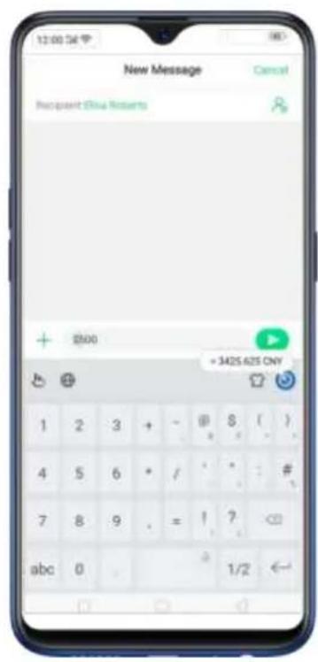 12:00:34 PM New Message Cancel Request Blue Alerts + 25:00 + 3425.625 CNY 1 2 3 + - @ 8 ( ) 4 5 6 * / * # 7 8 9 = ! ? <. abc 0 . 1/2 ←