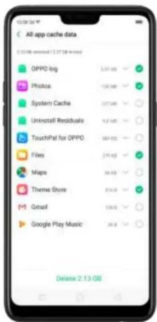 All app cache data 50.00 removed ( 27.18 - $43) OPPO log Pitchos System Cache Uninstall Residuals TouchPal for OPPO Files Maps Theme Store Gmail Google Play Music Delete 2.13 GB