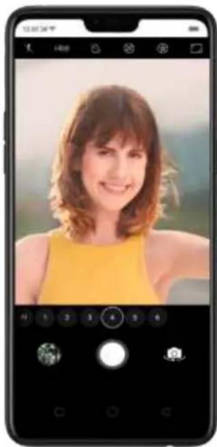 Mobile photo editing interface showing a smiling woman in a yellow top, with adjustment sliders and camera icons visible.