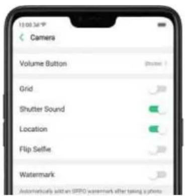 13:00:56 Camers Volume Button Grid Shutter Sound Location Flip Selfie Watermark Automatically add an OPPO watermark after taking a photo
