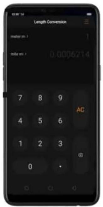 Length Conversion meter ms : 1 mable ms : 0.0006214 7 8 9 AC 4 5 6 1 2 3 0 ·