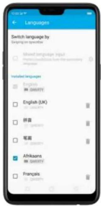 Switch language by Switch language operation Mixed languages input Improve configuration from the necessary English Installed languages English 界 QWSTY English (UK) 拼音 笔画 Afrikaans 界 QWSTY Français