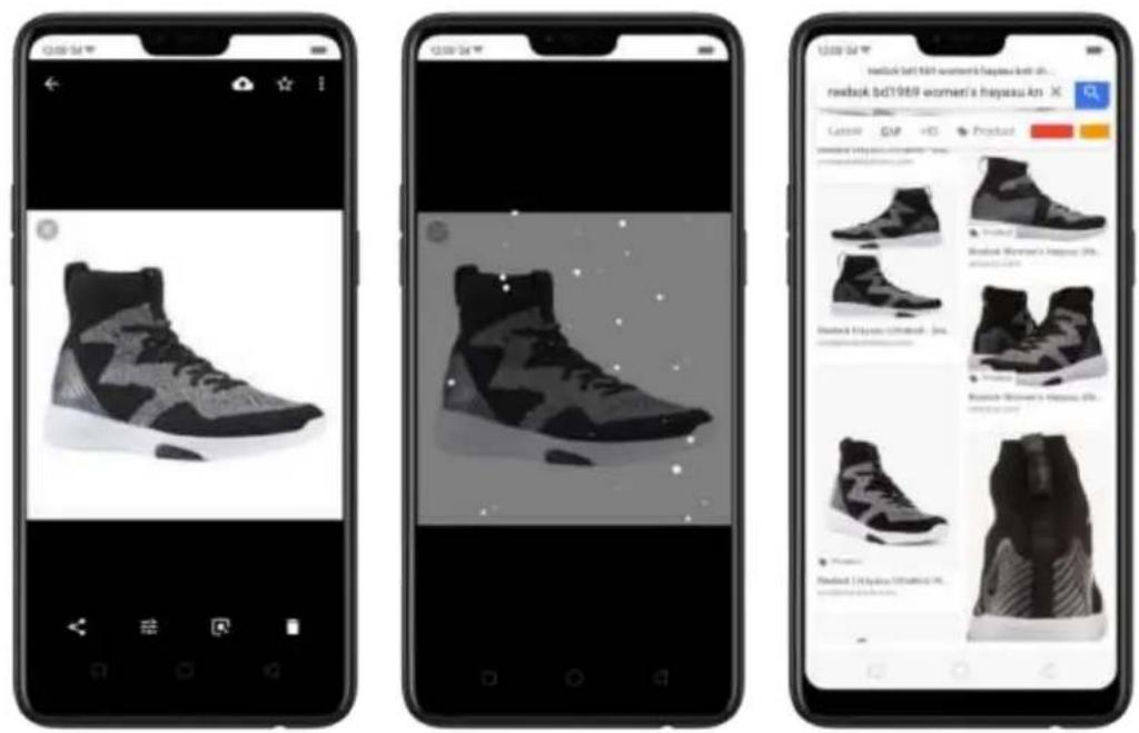 Three smartphone screenshots displaying a women's highway suit shoe product with descriptive text overlays and product thumbnails.