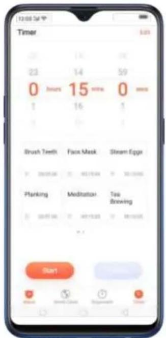 12:00 Sat 9 Timer 5:23 23 14 59 0 hours 15 min 0 min 1 16 1 Brush Teeth Face Mask Steam Eggs Planking Meditation Too Tea Start