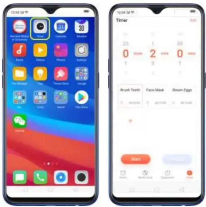 Screenshot of two smartphone home screens showing app icons, a timer display with red and green numbers, and a 'Start' button.