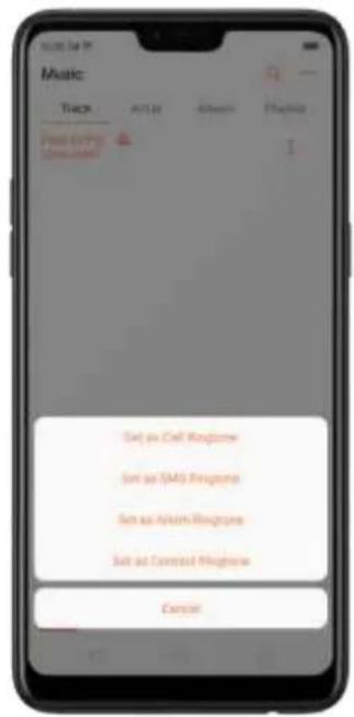 Music Track Alt 10 Alt 20 Options Set as Call Ringzone Set as SMS Ringzone Set as Main Ringzone Set as Correct Ringzone Cancel