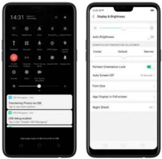 14:31 Display & Brightness Auto Brightness SOMEER COLOR TEMPERATURE ADJUSTMENT Cocker Default Warner Portrait Orientation Lock Auto Screen Off 50 Seconds Font Size App Display in Full-screen Night Shield