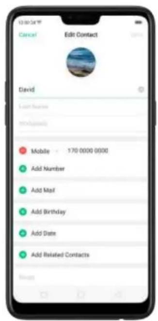 12:00:34 Cancel Edit Contact David Add Number Add Contacts Mobile 170 0000 0000 Add Number Add Mail Add Birthday Add Date Add Related Contacts