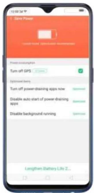 12:00 PM Slate Power Start Onset Optimal Running Start Onset GPS Optimal Running Turn off power-draining apps now Disable auto start of power-draining apps Disable background running Length Battery Life 2...