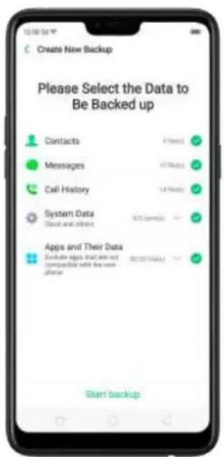 Create New Backup Please Select the Data to Be Backed up Contacts Messages Call History System Data Cloud and others 5/10 (mm/s) Apps and Their Data Exclude apps that are not compared with the new other Start backup