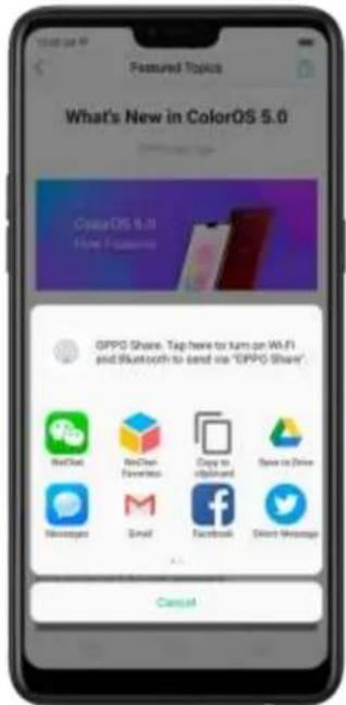 Featured Topics What's New in ColorOS 5.0 CreateOS 5.0 Home Features OPPO Share, Tap here to Xam on WiFi and Bluetooth to send via "OPPO Share". BudChat NinaChen Favorites Copy to obtained Save to Drive Newspaper Small Facebook Direct Message Cancel