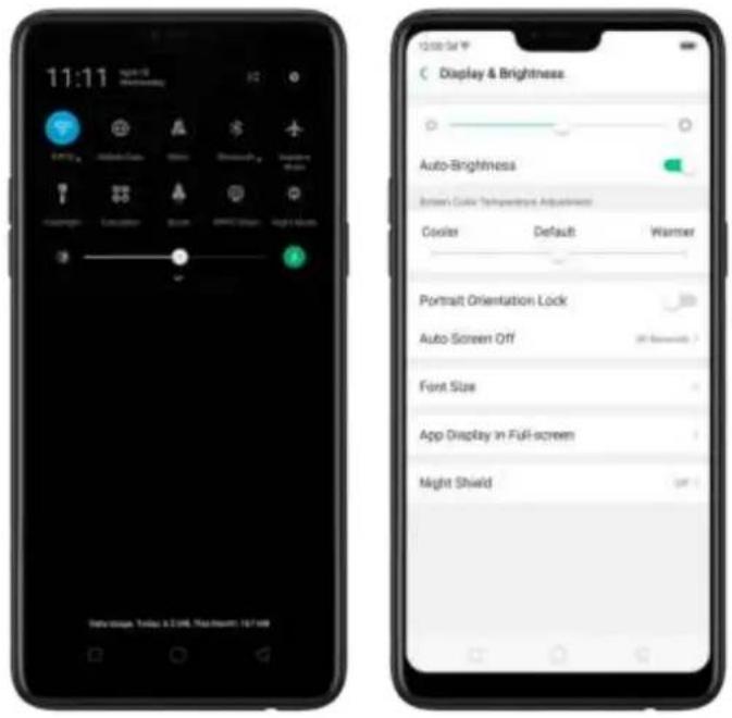 11:11 Display & Brightness Auto-Brightness Screen Color Transparency Adjustments Cooler Default Warmier Portrait Orientation Lock Auto-Screen Off Font Size App Display in Full-screen Might Shield