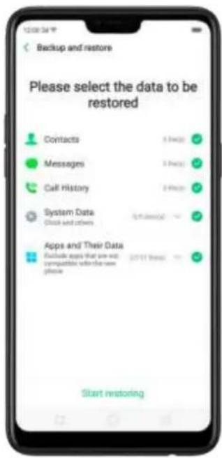 Backup and restore Please select the data to be restored Contacts 3 Pack Messages 3 Pack Call History 2 Pack System Data 5.0 Pack Clock and others Apps and Their Data Exclude apps that save out compatible when the new please 3/11 Pack Start restoring