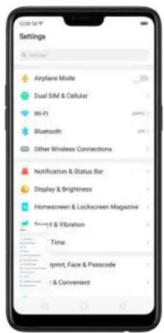 Settings Airplane Mode Dual SIM & Cellular Wi-Fi Bluetooth Other Wireless Connections Notification & Status Bar Display & Brightness Homescreen & Lockscreen Magazine Smart & Vibration Time rprint, Face & Passcode / & Convenient