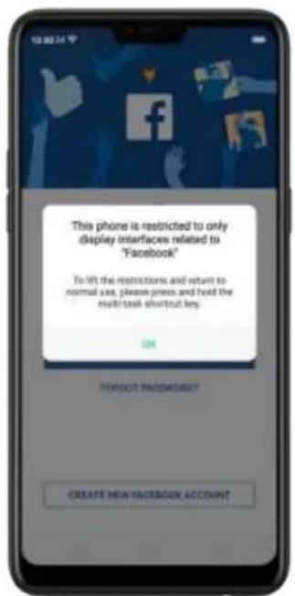 This phone is restricted to only display interfaces related to "Facebook" To fill the restrictions and return to normal use, please press and hold the multi-task shortcut key. OK FOROUT NAME/ORDER? CREATE NEW ACCOUNT ACCOUNT