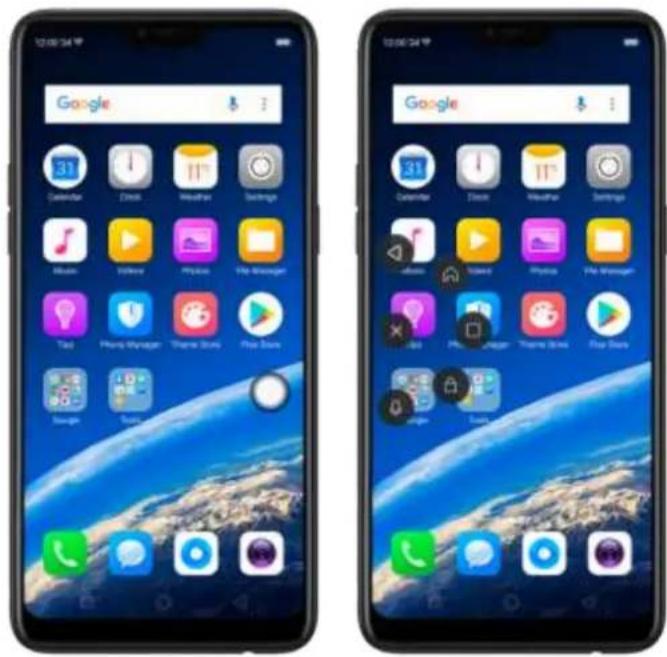 Two smartphone home screens displaying Google's home screen with app icons and status bar, showing both devices with 'Google' branding and navigation buttons.