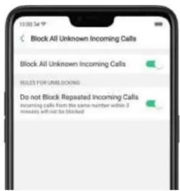 Block All Unknown Incoming Calls Block All Unknown Incoming Calls RULES FOR UNLOCKING Do not Block Repasted Incoming Calls Incoming calls from the same number within 3 minutes will not be blocked