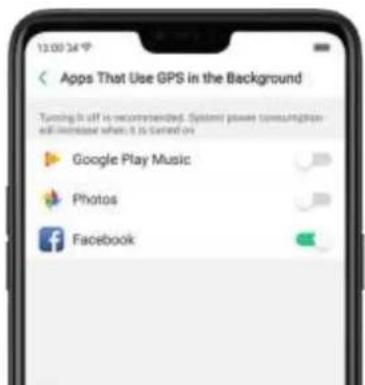 13:00:34 P Apps That Use GPS in the Background Turning it off is recommended. System power consumption will increase when it is sorted on Google Play Music Photos Facebook