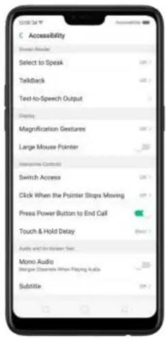 Accessibility Screen Reader Select to Speak TalkBack Text-to-Speech Output Display Magnification Gestures Large Mouse Pointer Interpretive Context Switch Access Click When the Pointer Stops Moving Press Power Button to End Call Touch & Hold Delay Audio and Computer Set Mono Audio Morgan Double When Playing Audio Subtitle