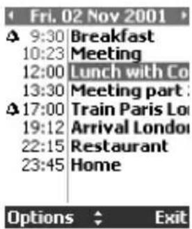 Fri. 02 Nov 2001 9:30 Breakfast 10:23 Meeting 12:00 Lunch with Co 13:30 Meeting part 17:00 Train Paris Lo 19:12 Arrival London 22:15 Restaurant 23:45 Home Options Exit