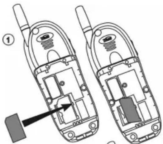Technical diagram of two mobile phone rear panels with labeled components and directional arrow indicating insertion or disassembly.