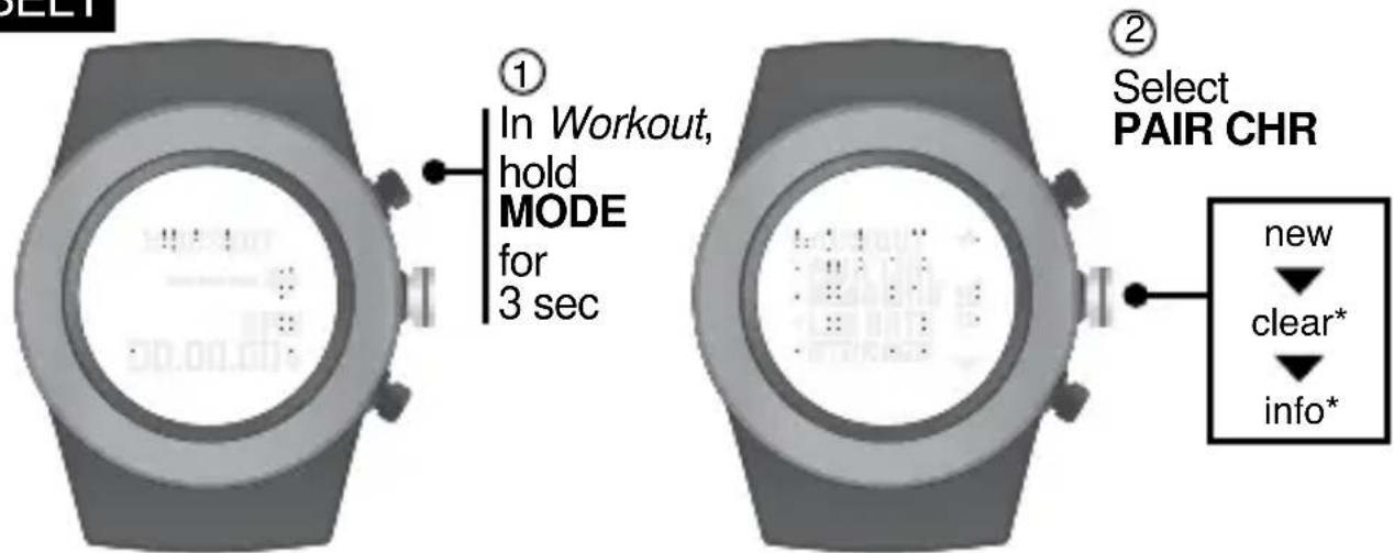 ① In Workout, hold MODE for 3 sec ② Select PAIR CHR new ↓ clear* ↓ info*