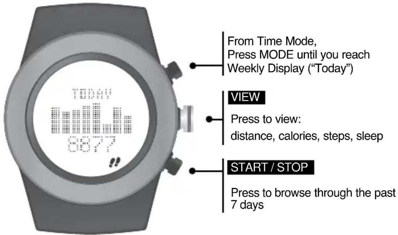 From Time Mode, Press MODE until you reach Weekly Display ("Today") VIEW Press to view: distance, calories, steps, sleep START / STOP Press to browse through the past 7 days