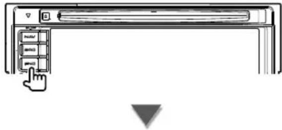 Diagram showing a hand cursor clicking a button on an air conditioner panel with labeled buttons and a downward arrow symbol.