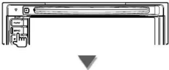Diagram showing a device with labeled buttons and a pointing hand, likely illustrating a process or navigation interface.