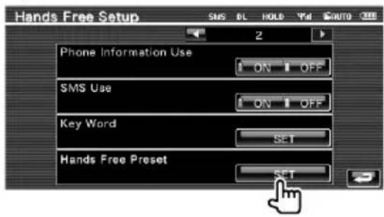 Hands Free Setup SMS DL HOLD YMI AUTO 2 Phone Information Use ON OFF SMS Use ON OFF Key Word SET Hands Free Preset SET