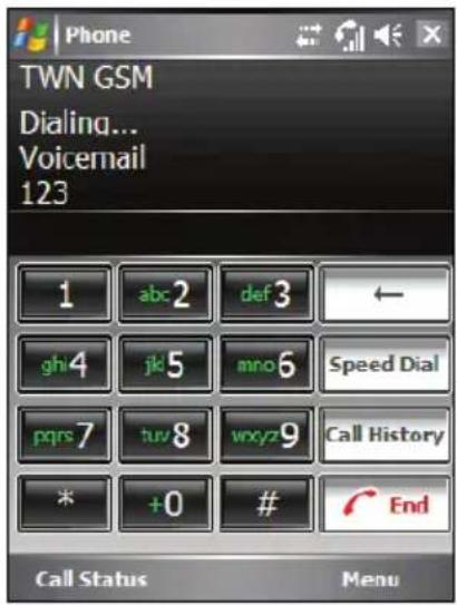 Phone TWN GSM Dialing... Voicemail 123 1 abc 2 def 3 ← gh4 jk5 mno6 Speed Dial pqrs7 tuv8 wxyz9 Call History * +0 # End Call Status Menu