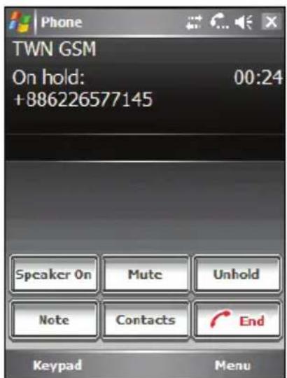 Phone TWN GSM On hold: 00:24 +886226577145 Speaker On Mute Unhold Note Contacts End Keypad Menu
