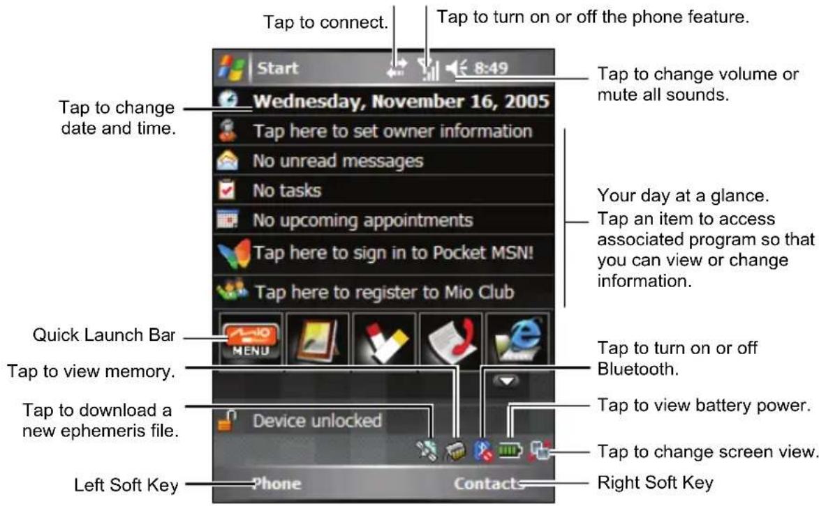 Tap to connect. Tap to turn on or off the phone feature. Start 8:49 Wednesday, November 16, 2005 Tap to change volume or mute all sounds. Tap here to set owner information No unread messages No tasks No upcoming appointments Tap here to sign in to Pocket MSN! Tap here to register to Mio Club Your day at a glance. Tap an item to access associated program so that you can view or change information. Quick Launch Bar Tap to view memory. Tap to view battery power. Tap to download a new ephemeris file. Device unlocked Left Soft Key Phone Contacts Tap to turn on or off Bluetooth. Left Soft Key Right Soft Key