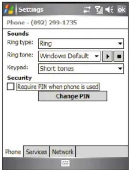 Settings Phone - (092) 299-1735 Sounds Ring type: Ring Ring tone: Windows Default Keypad: Short tones Security Require PIN when phone is used Change PIN Phone Services Network
