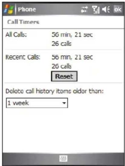 Call Timers All Calls: 56 min, 21 sec 26 calls Recent Calls: 56 min, 21 sec 26 calls Reset Delete call history items older than: 1 week