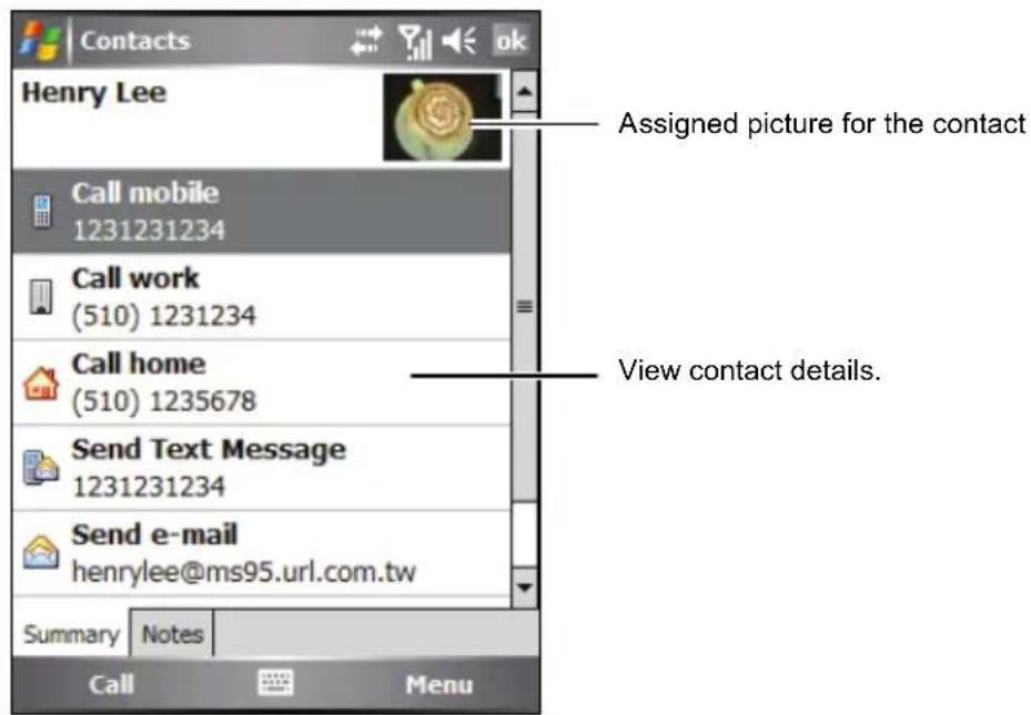 Contacts Henry Lee Call mobile 1231231234 Call work (510) 1231234 Call home (510) 1235678 Send Text Message 1231231234 Send e-mail henrylee@ms95.url.com.tw Summary Notes Call Menu Assigned picture for the contact. View contact details.