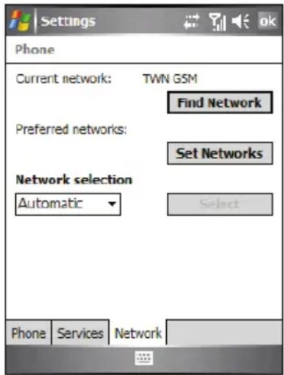 Settings Phone Current network: TWN GSM Find Network Preferred networks: Set Networks Network selection Automatic Select Phone Services Network