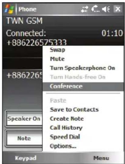 Phone TWN GSM Connected: 01:10 +886226575333 Swap Mute Turn Speakerphone On Turn Hands-free On +8862265 Conference Paste Save to Contacts Create Note Call History Speed Dial Options... Speaker On Note Keypad Menu