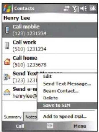 Contacts Henry Lee Call mobile (123) 1231234 Call work (510) 1231234 Call home (510) 1235678 Send Text (123) 1231 Send e-m henrylee@ Summary Notes Edit Send Text Message... Beam Contact... Delete Save to SIM Add to Speed Dial... Call Menu