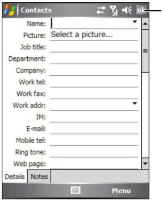 Contacts Name: Picture: Select a picture... Job title: Department: Company: Work tel: Work fax: Work addr: IM: E-mail: Mobile tel: Ring tone: Web page: Details Notes Menu