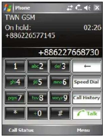 Phone TWN GSM On hold: 02:26 +886226577145 +886227668730 1 abc2 def 3 ← gh4 jd5 mno 6 Speed Dial pqrs7 tuv8 wxyz 9 Call History * +0 # Call Status Menu