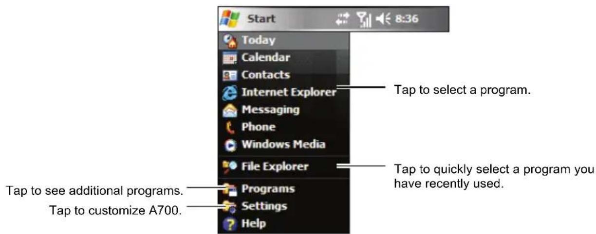 Start 8:36 Today Calendar Contacts Internet Explorer Messaging Phone Windows Media File Explorer Programs Settings Help Tap to select a program. Tap to quickly select a program you have recently used. Tap to see additional programs. Tap to customize A700.